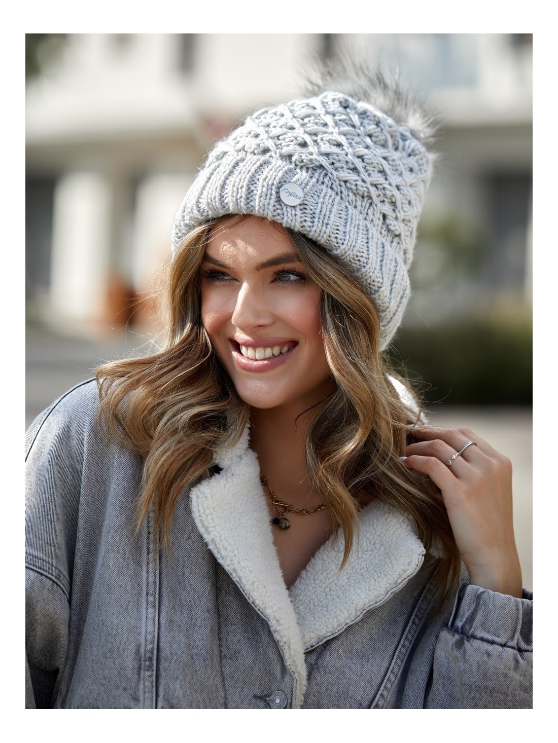 Warm winter hat with a pompom, light gray C37 - Online store - Boutique